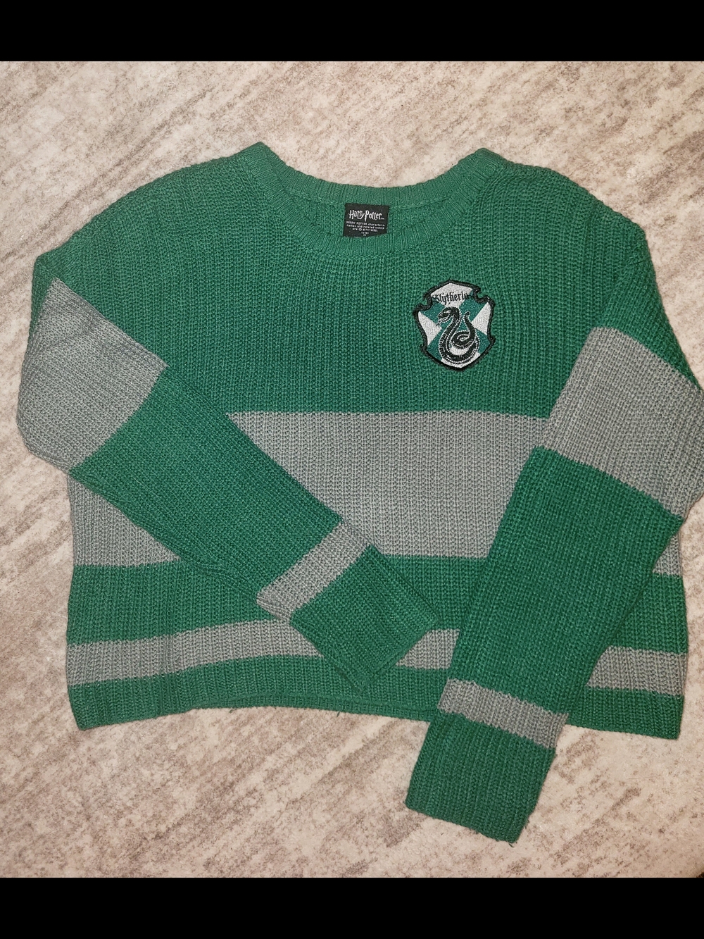 Harry Potter Slytherin Striped Crewneck Sweater - Green and Gray